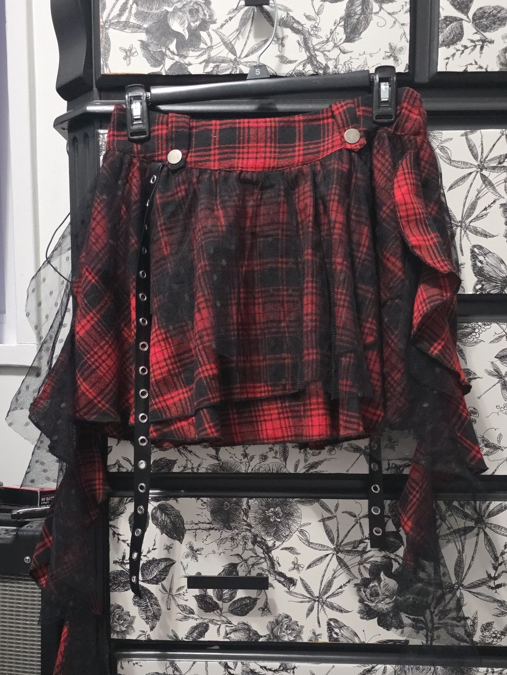 Amazon Red and Black Plaid Asymmetrical Mini Skirt with Sheer Overlay